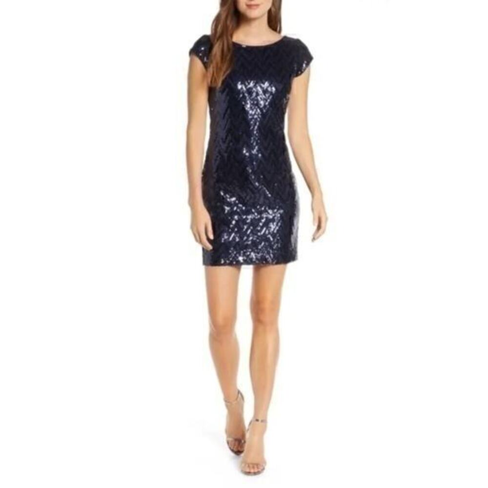 Eliza J Chevron Sequined Navy Blue Cap Sleeve Dress Size 6 NWT